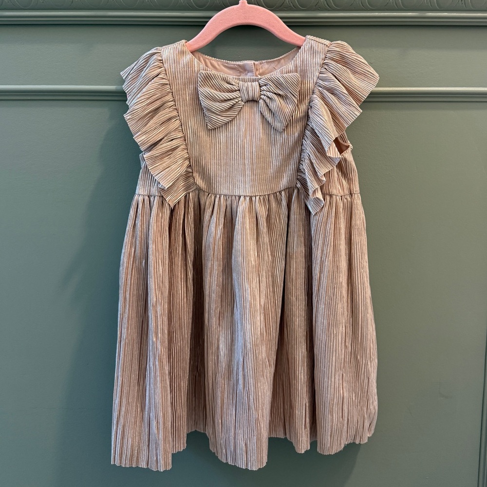 Janie & Jack 2T Pleated Bow-Front Ruffle Dress in Gold
